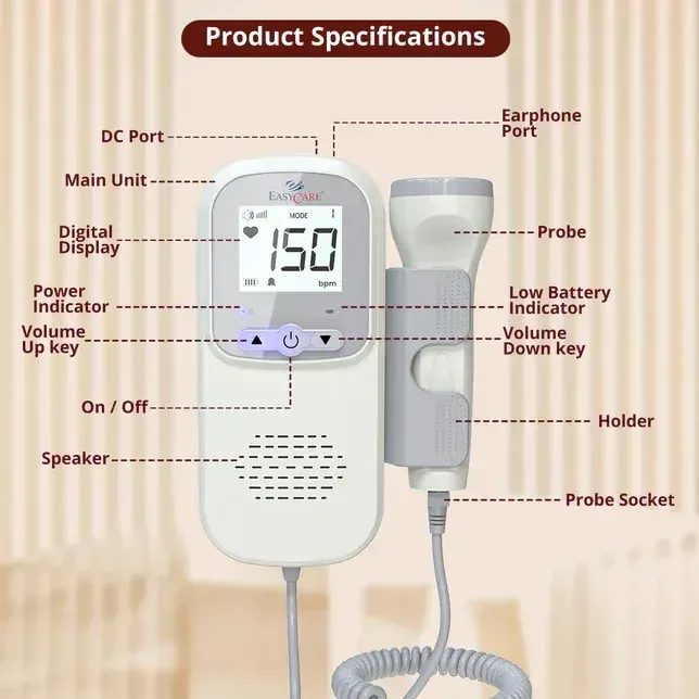 EASYCARE EC2016 (German Tech.) Radiation Free, High Performance, Intelligent Dynamic Detection with Low Power Indicator Fetal Doppler Machine with High sensitivity Probe