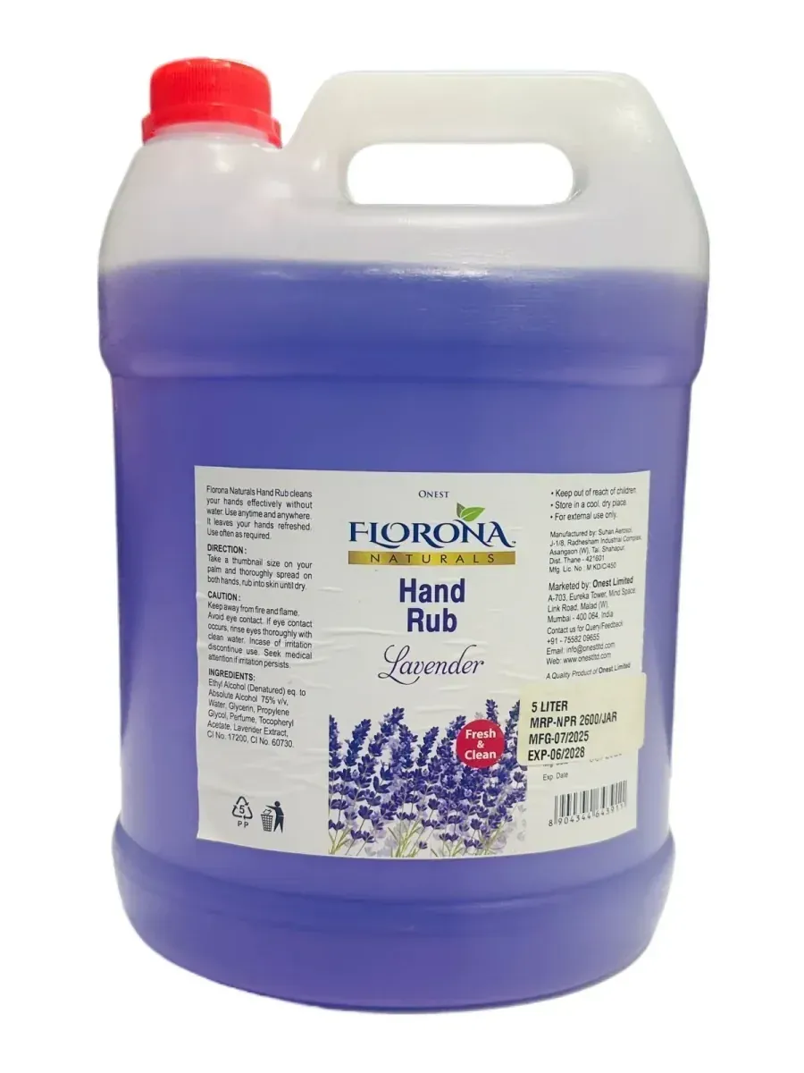 Florona Hand Sanitizer 5 Liters – 75% Ethyl Alcohol with Moisturizer (Bulk Pack)