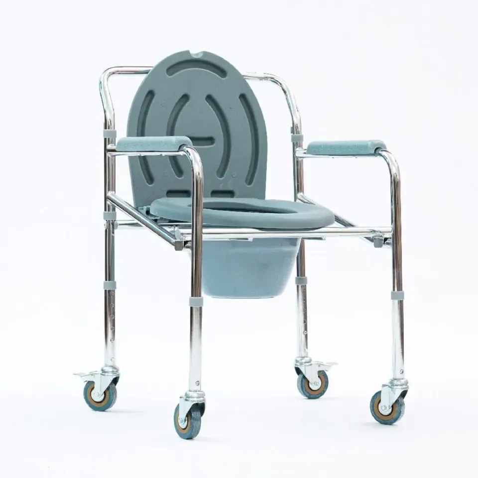 Foldable Stainless Commode Chair with Wheels for Elderly & Patients